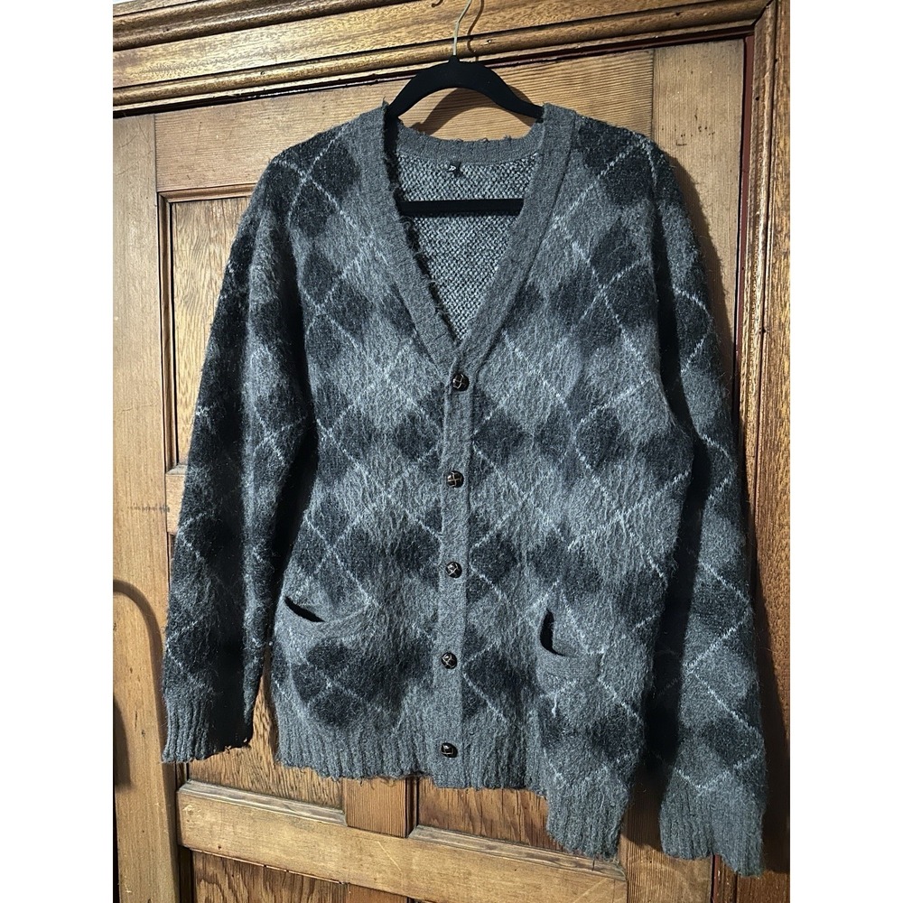 $680 R13 Gray Plaid Argyle Fluffy Oversized Distressed Cardigan Sweater sz XS